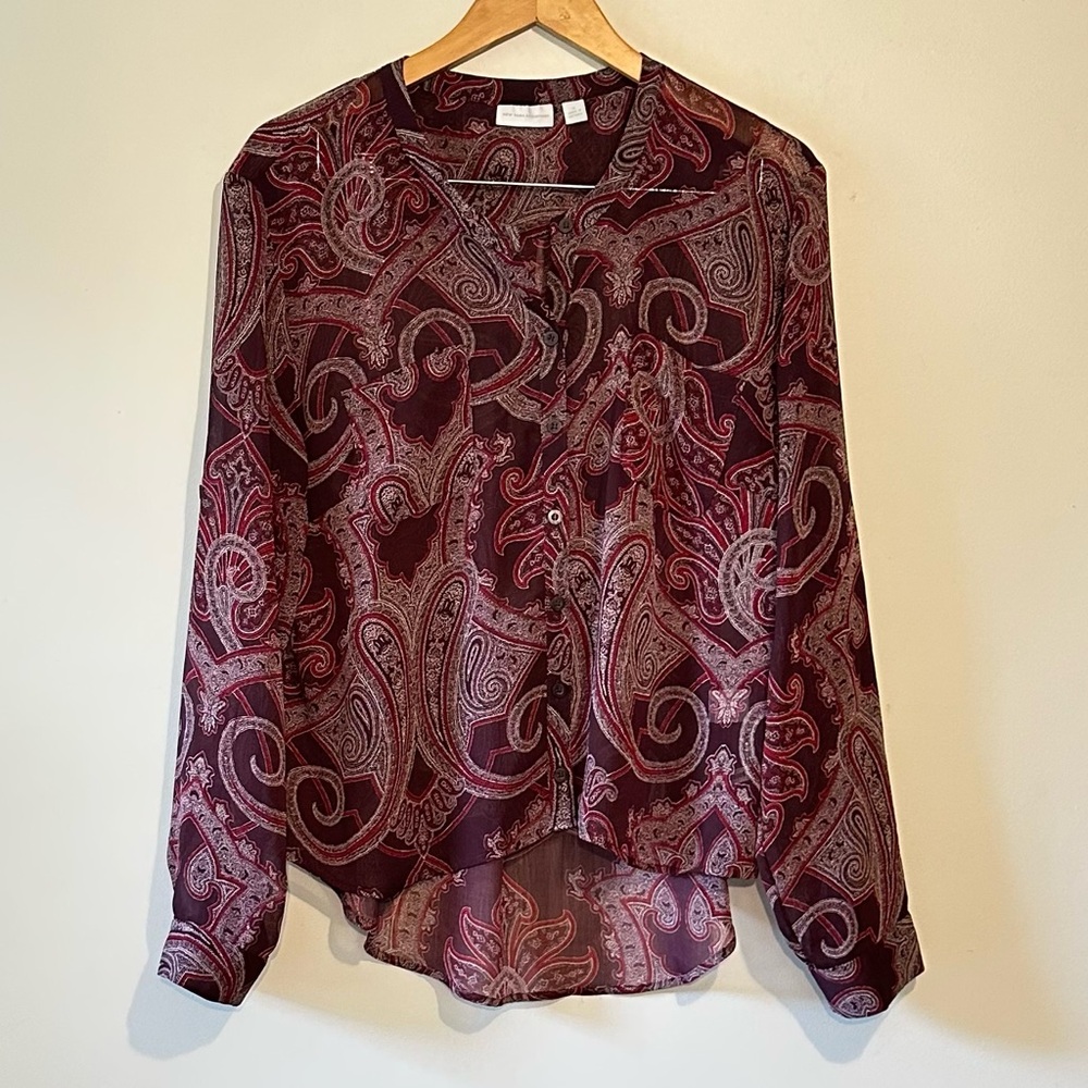New York & Co long sleeve button down burgundy paisley blouse
